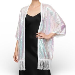 Sequin Fringe Kimono Cardigan - White